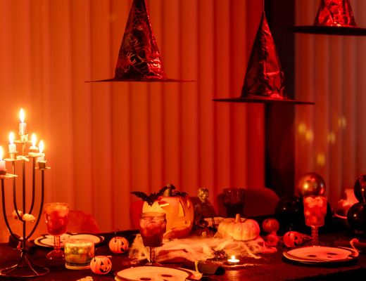 set Halloween table with thrift items