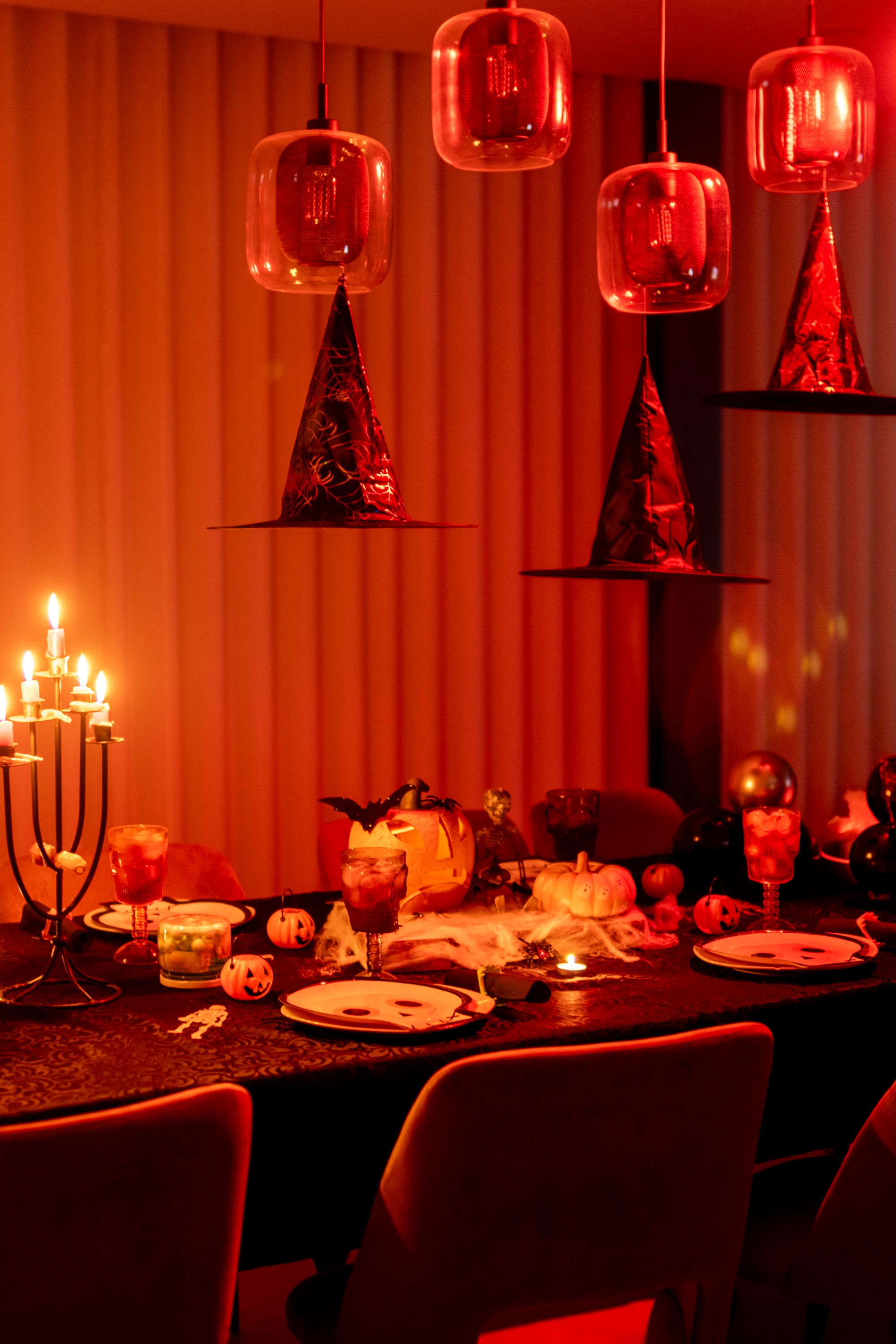 set Halloween table with thrift items